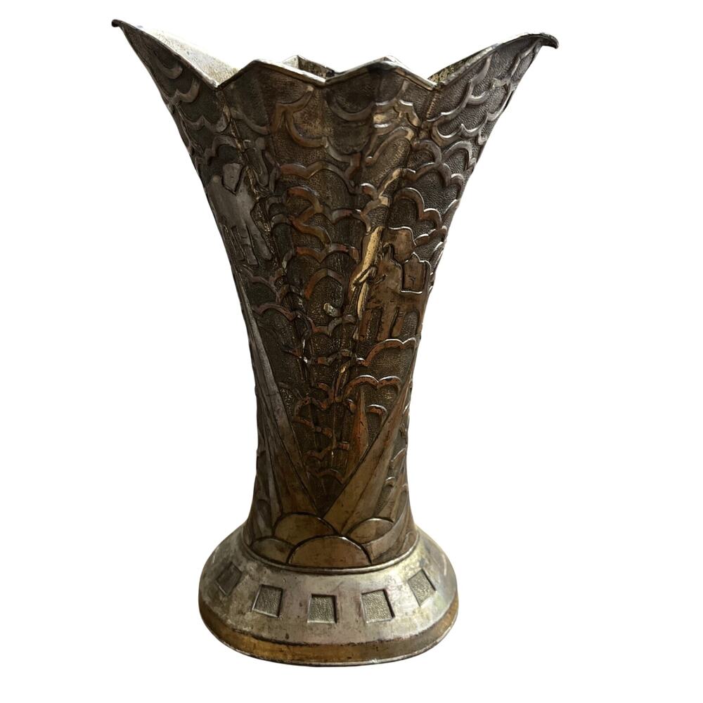Antique Art Deco Elephant Vase – Fan‑Shaped Japanese Metalwork